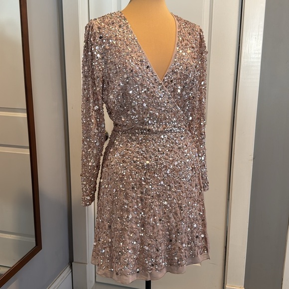ASOS Maya Deluxe fully beaded sequin faux wrap, formal mini dress, frosted pink - Picture 4 of 16